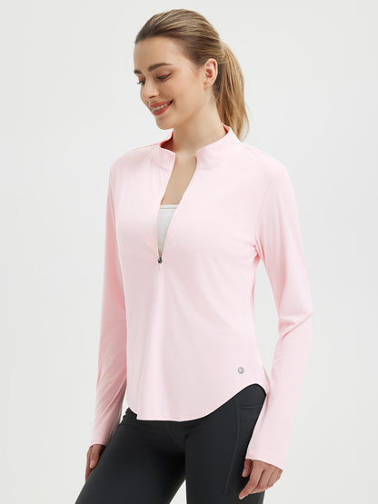 Damebluse med lange ærmer, afrundet kant, tommelhuller