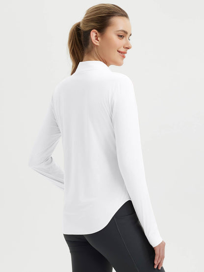 Damebluse med lange ærmer, afrundet kant, tommelhuller