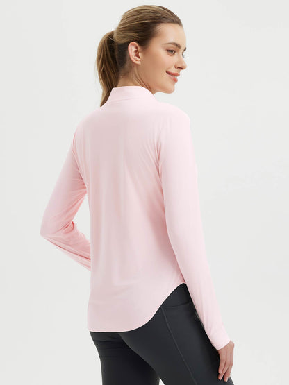 Damebluse med lange ærmer, afrundet kant, tommelhuller