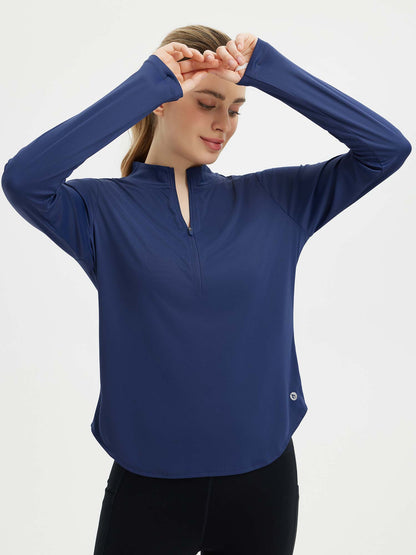 Damebluse med lange ærmer, afrundet kant, tommelhuller