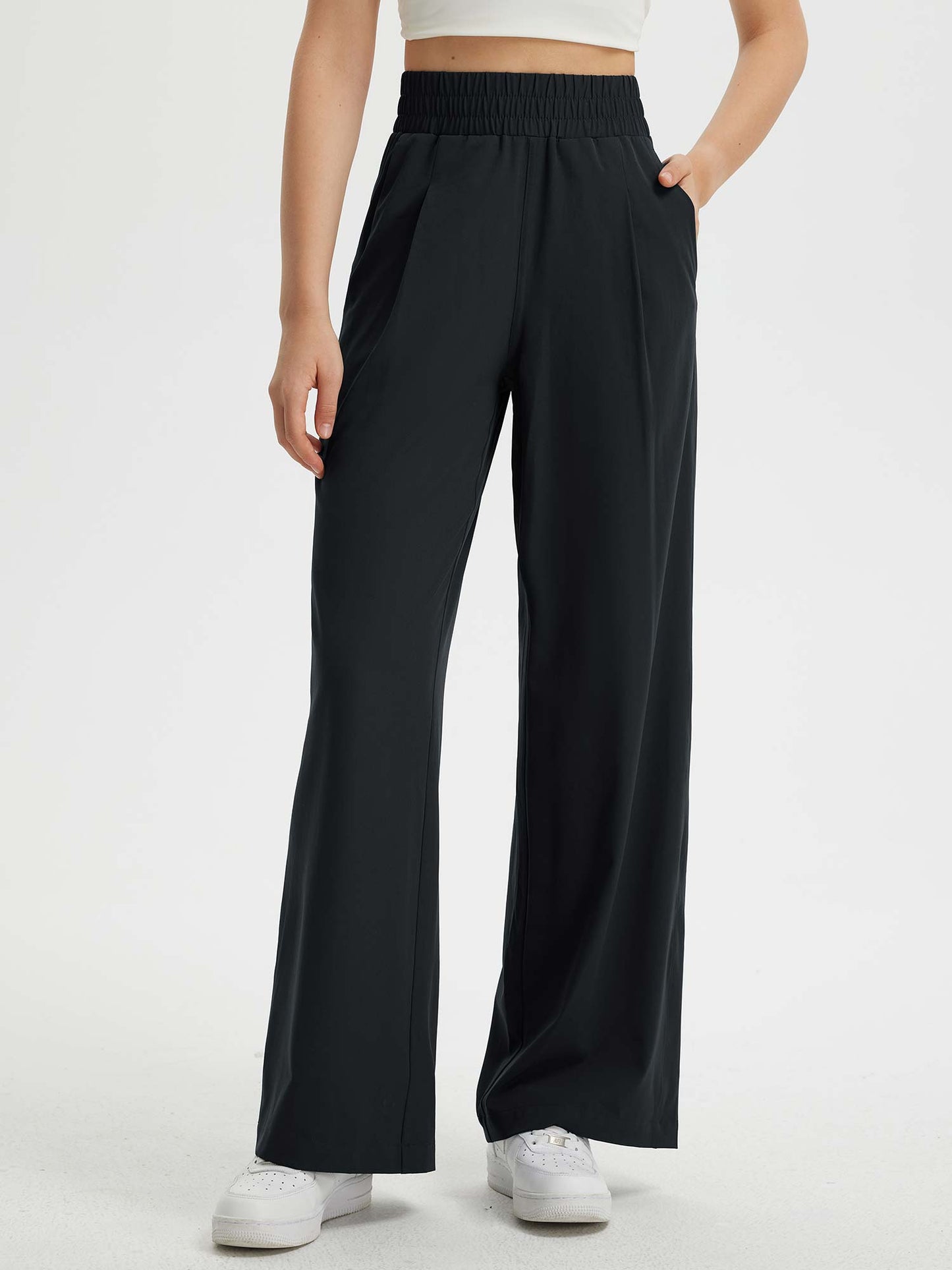 Pantaloni Donna Gamba Larga con Vita Elastica e Tasche