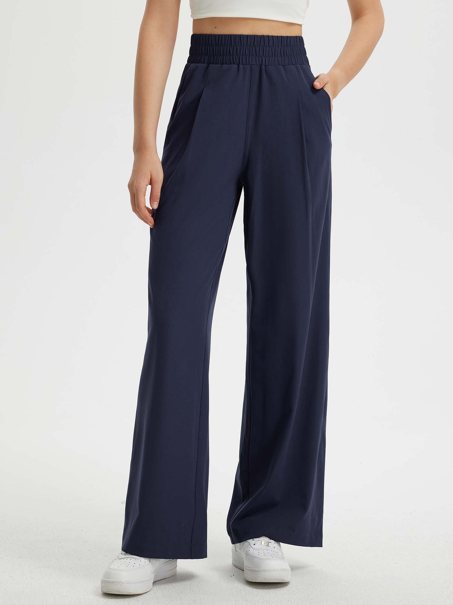 Pantaloni Donna Gamba Larga con Vita Elastica e Tasche
