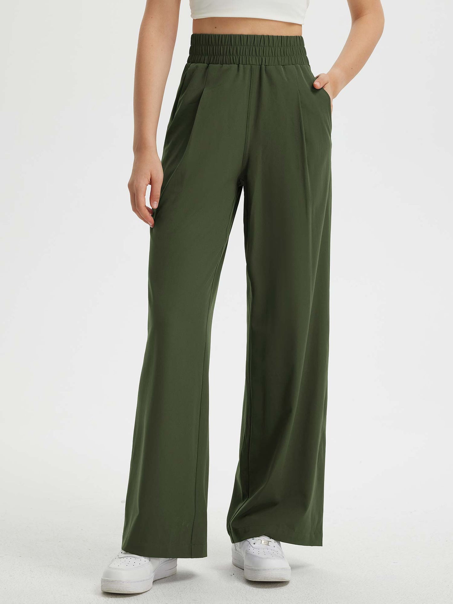 Pantaloni Donna Gamba Larga con Vita Elastica e Tasche