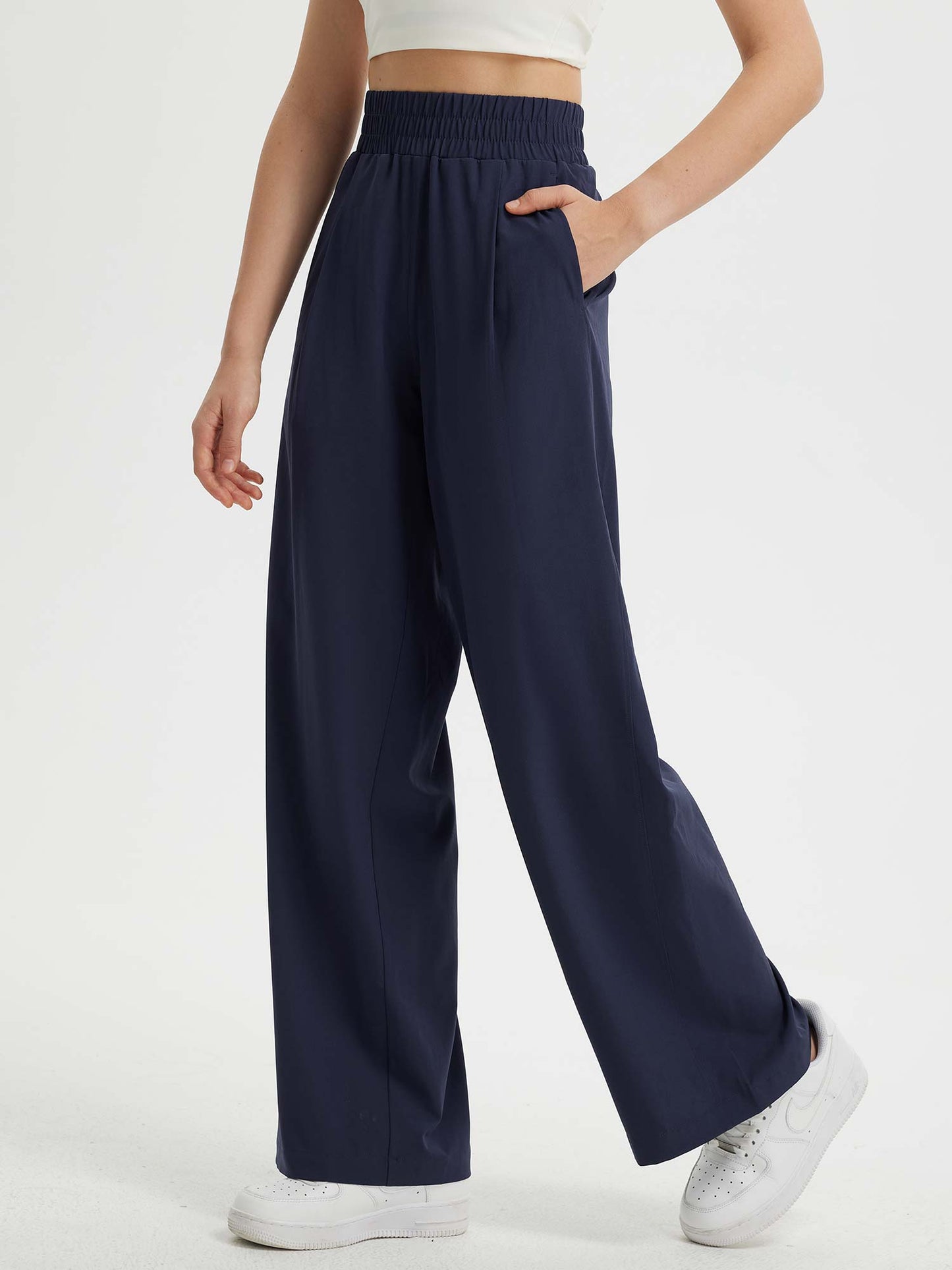 Pantaloni Donna Gamba Larga con Vita Elastica e Tasche