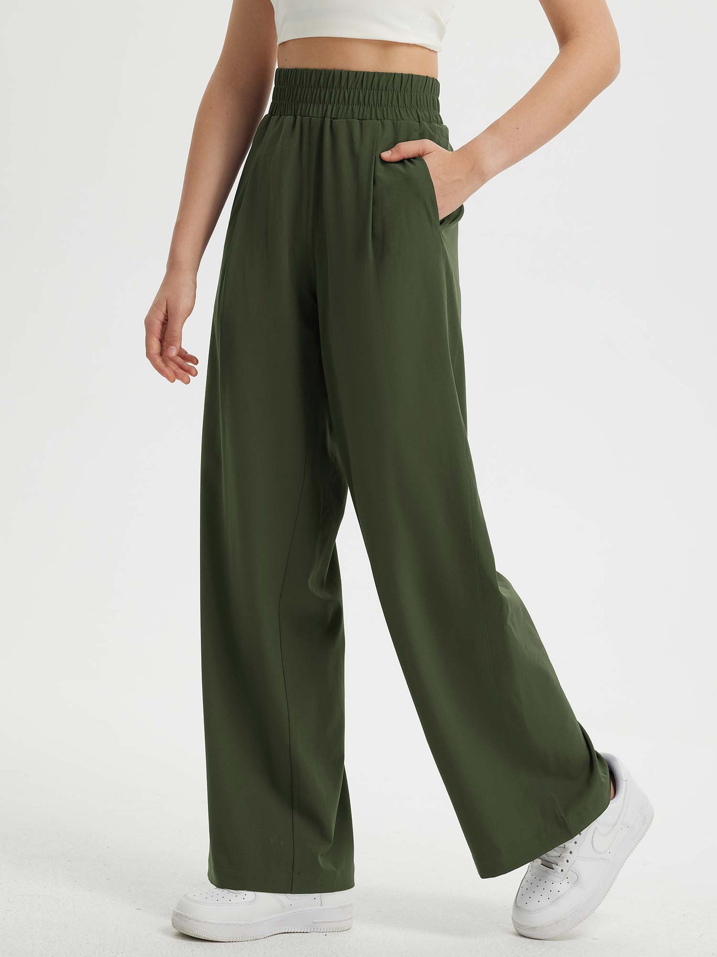 Pantaloni Donna Gamba Larga con Vita Elastica e Tasche