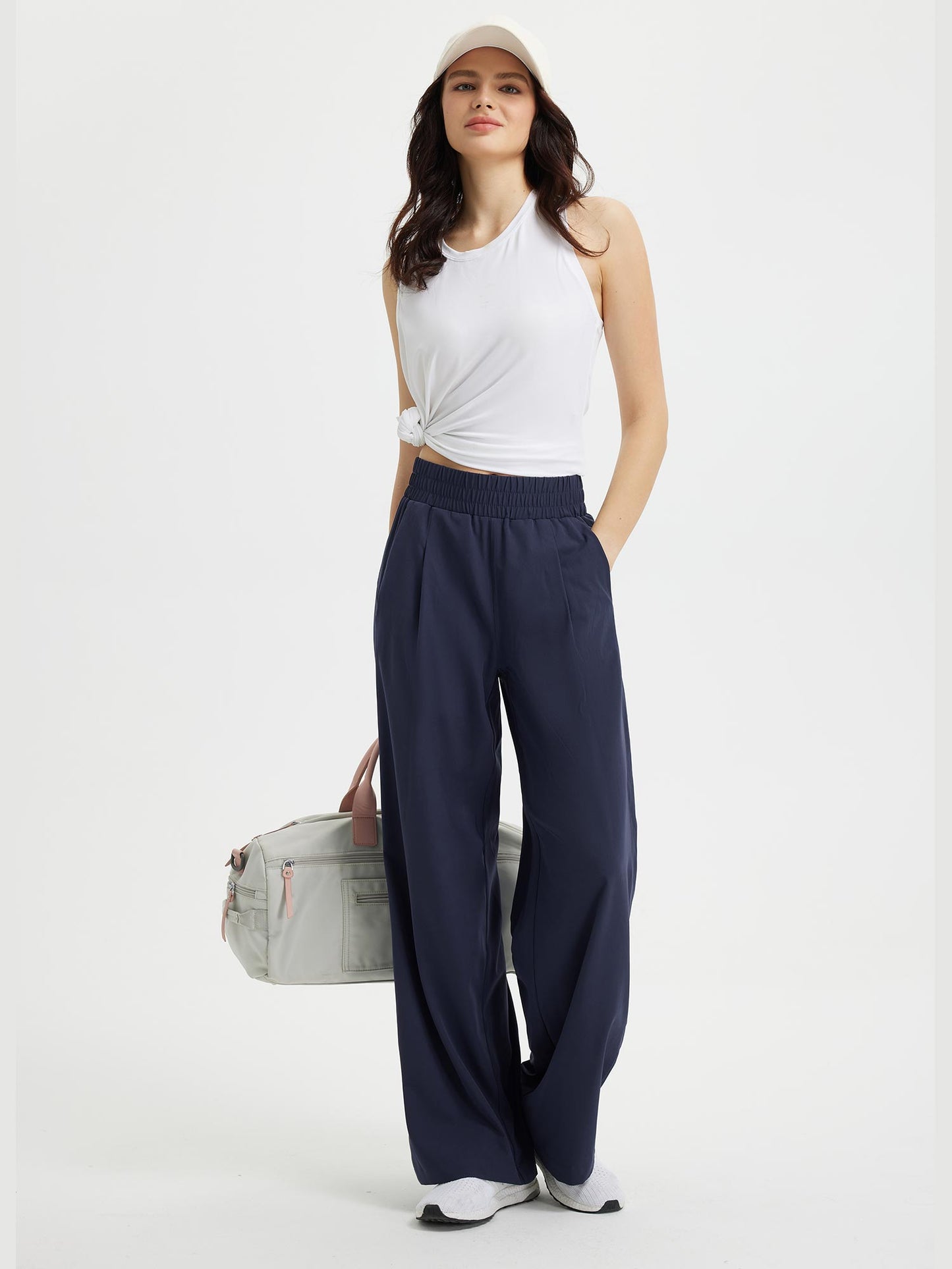 Pantaloni Donna Gamba Larga con Vita Elastica e Tasche
