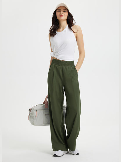 Pantaloni Donna Gamba Larga con Vita Elastica e Tasche