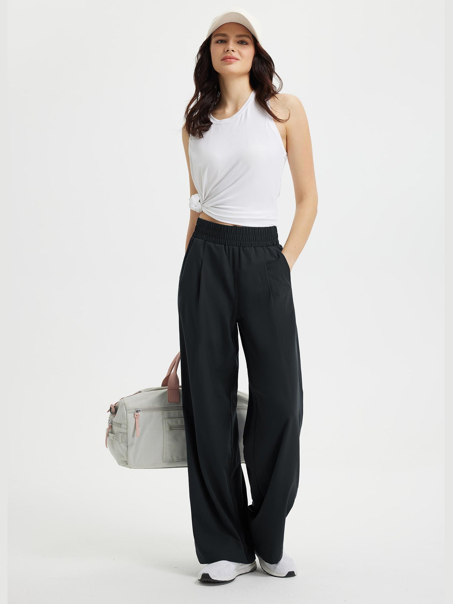 Pantaloni Donna Gamba Larga con Vita Elastica e Tasche