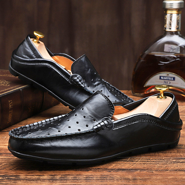 Men's Summer Black Leather Loafers with Perforations and Anti-Shock Sole