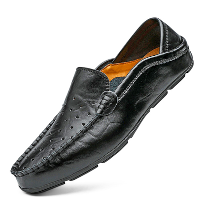 Men's Summer Black Leather Loafers with Perforations and Anti-Shock Sole