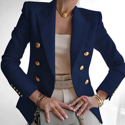 Women's double-breasted fall blazer with gold buttons and a slim fit
