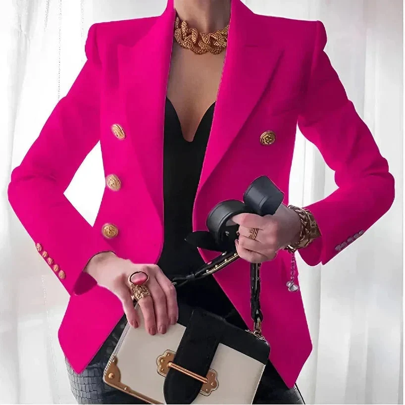 Women's double-breasted fall blazer with gold buttons and a slim fit