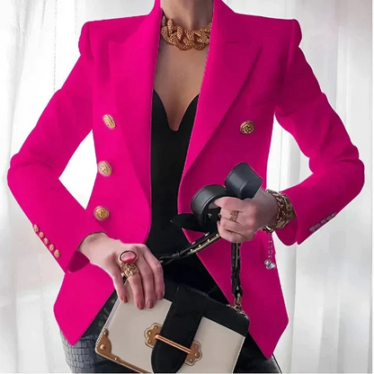 Women's double-breasted fall blazer with gold buttons and a slim fit