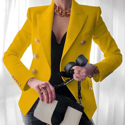 Women's double-breasted fall blazer with gold buttons and a slim fit