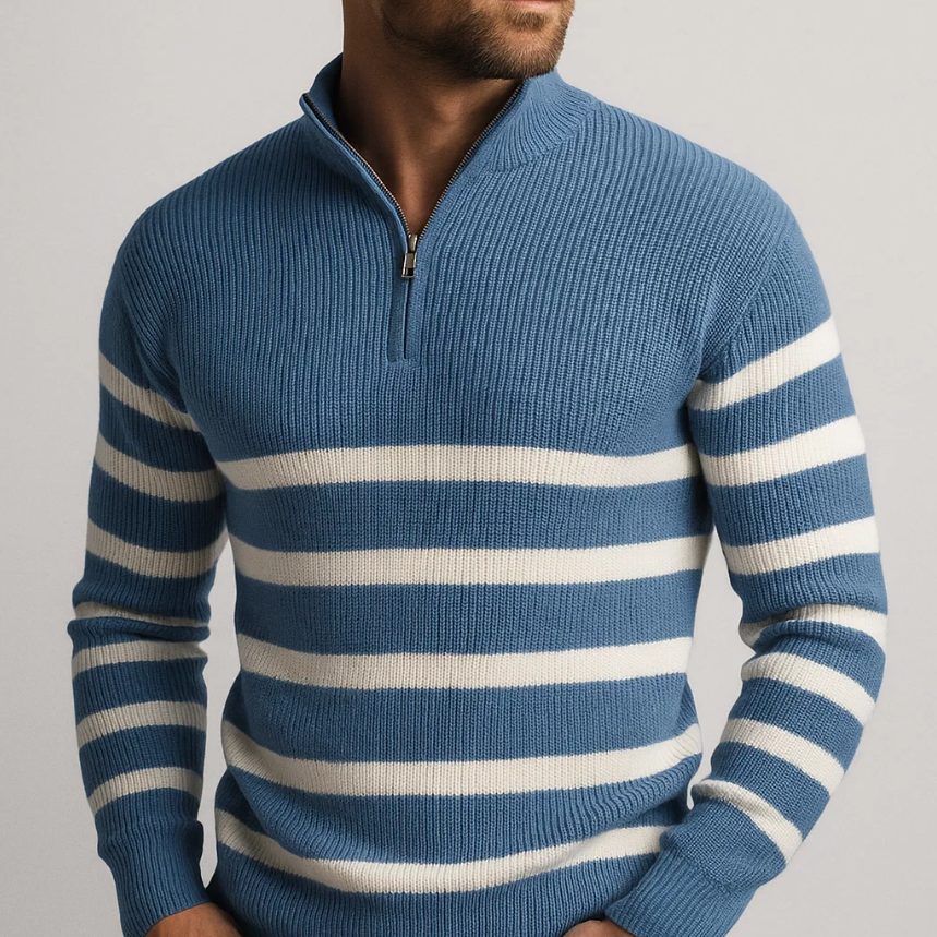 Herresweater med lynlås, stribet mønster på ribstrik og høj koreansk krave – Style sweater