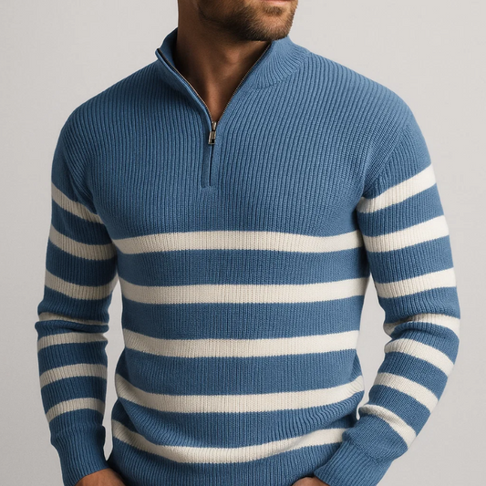 Men's Zip-Up Sweater, Striped Pattern on Ribbed Knit with Korean-Style High Collar – Knit Style