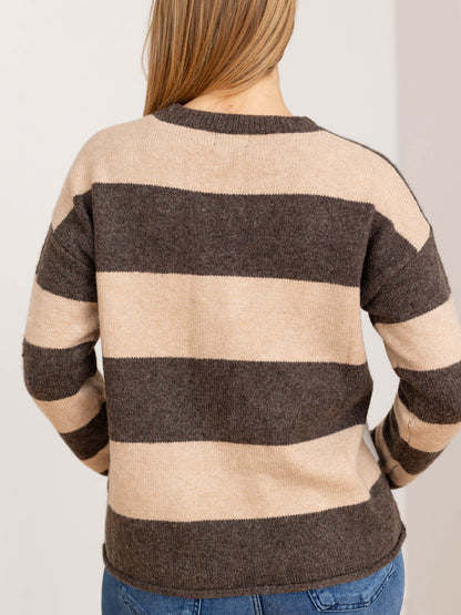 Maglione Donna Girocollo a Righe Bloccate con Spalle Scese – Stile Quotidiano