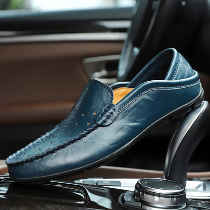 Men's Summer Black Leather Loafers with Perforations and Anti-Shock Sole