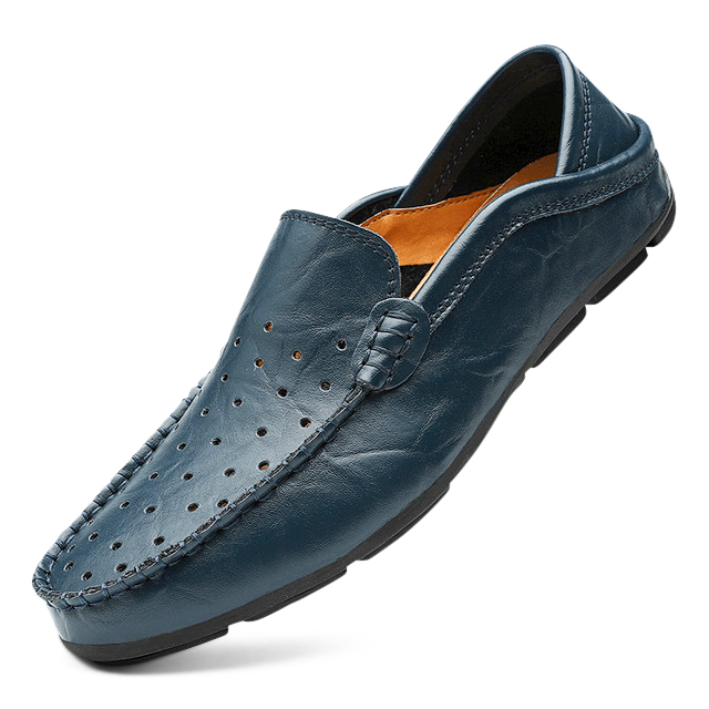Men's Summer Black Leather Loafers with Perforations and Anti-Shock Sole