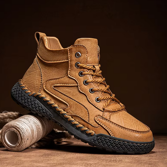 Men's Lace-Up Boots with Thick Sole and Visible Stitching