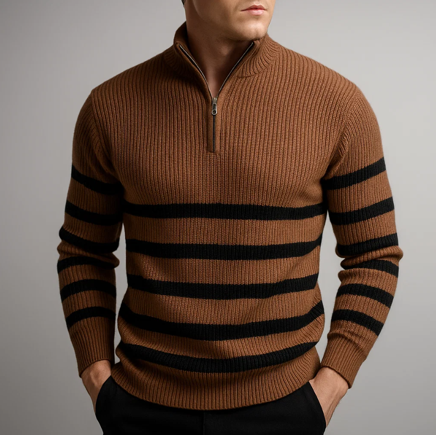Herresweater med lynlås, stribet mønster på ribstrik og høj koreansk krave – Style sweater