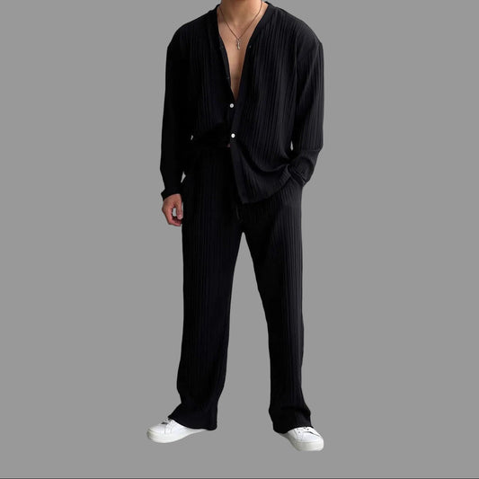 Men's Two-Piece Suit with Long-Sleeve Shirt and Pants – Solid Color Casual Set