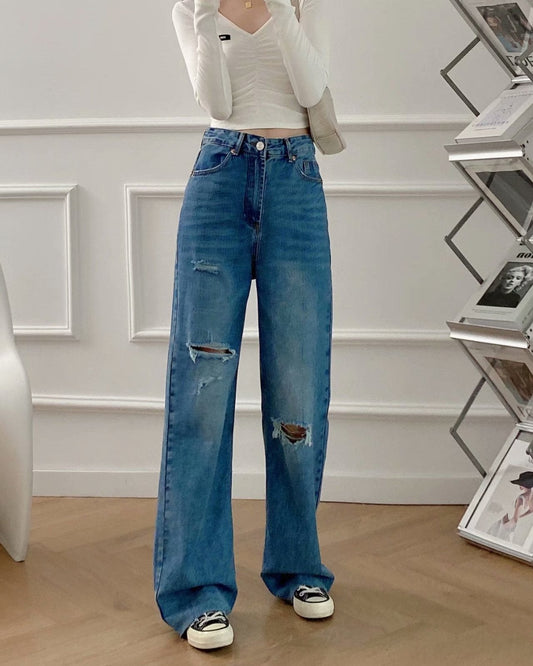 Women's Dark Blue Wide and Straight Leg Pants with Zip and Button Closure