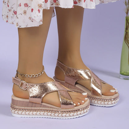 Women's Wedge Platform Sandals, Open Toe and Buckle – Casual Sandals