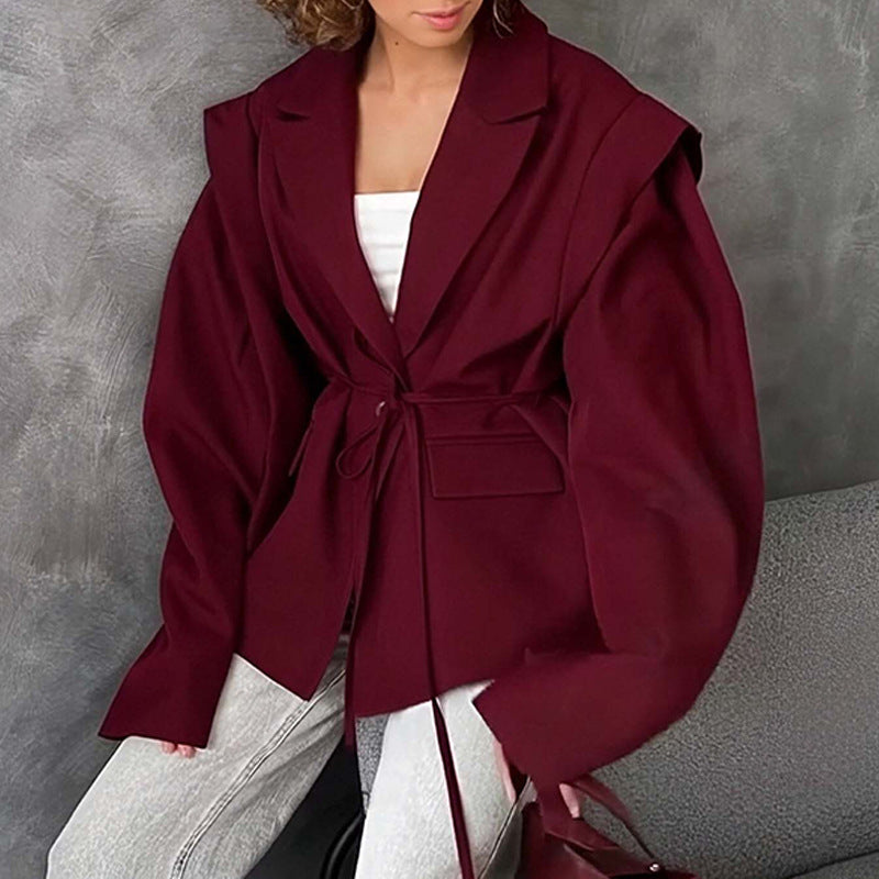 Chaqueta ligera de mujer para primavera con escote en V, cierre de lazada y mangas largas