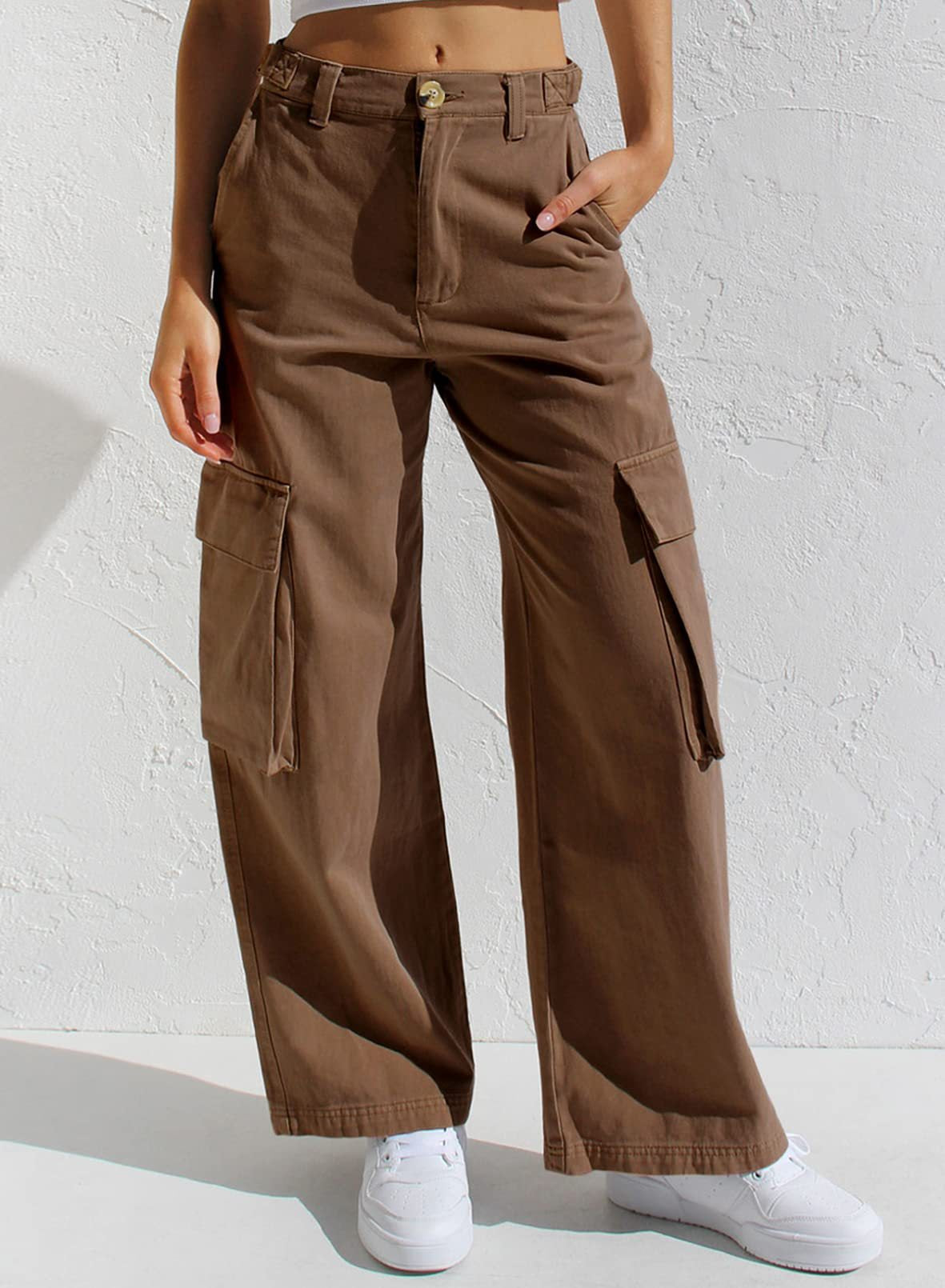 Low Waist Women's Denim Pants with Multiple Pockets and Loose Fit Workwear Style