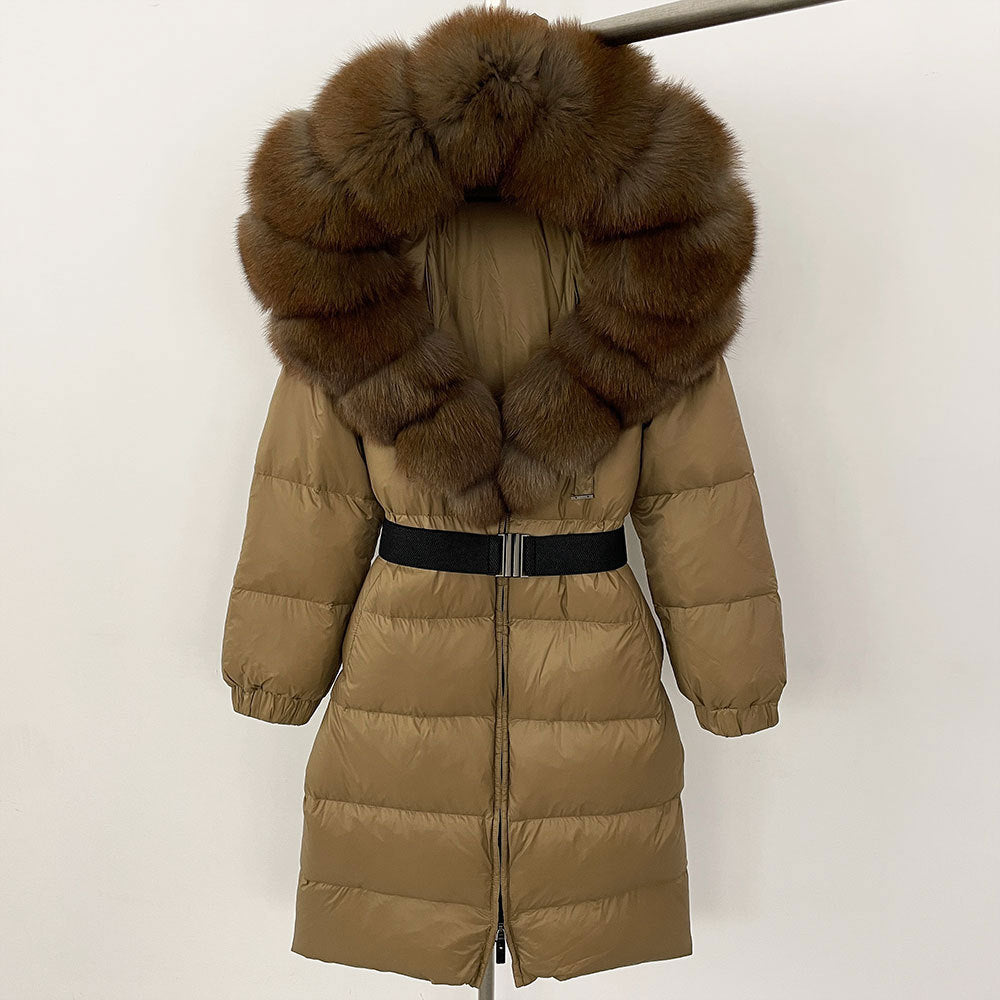 Women's Winter Coat with Long Hood and Removable Fur Collar