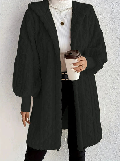 Women's Long Coat with Hood, Double Fur and Ribbed Cuffs