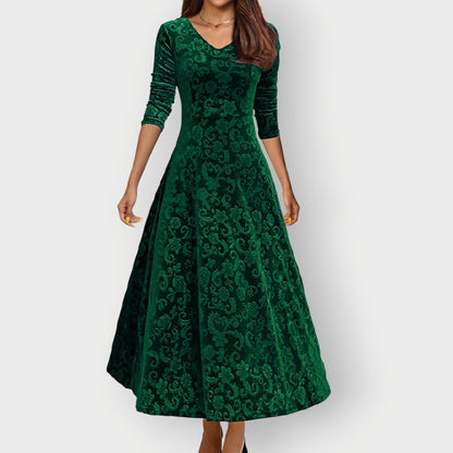 Women's Midi Jacquard Velvet Dress with V-Neck and Flared Skirt
