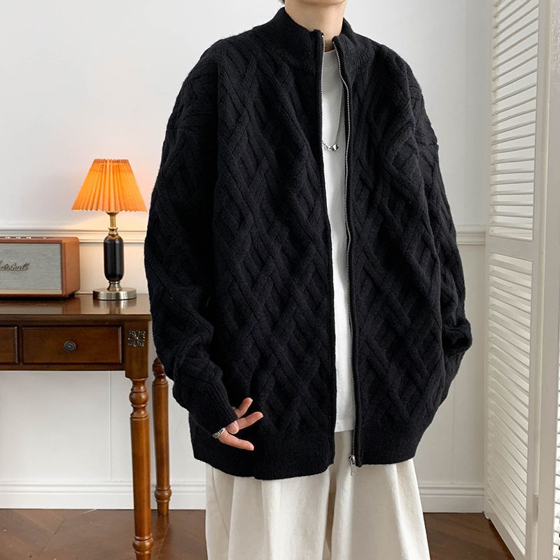 Men's Winter Cardigan with Cable Knit, High Collar, and Long Sleeves