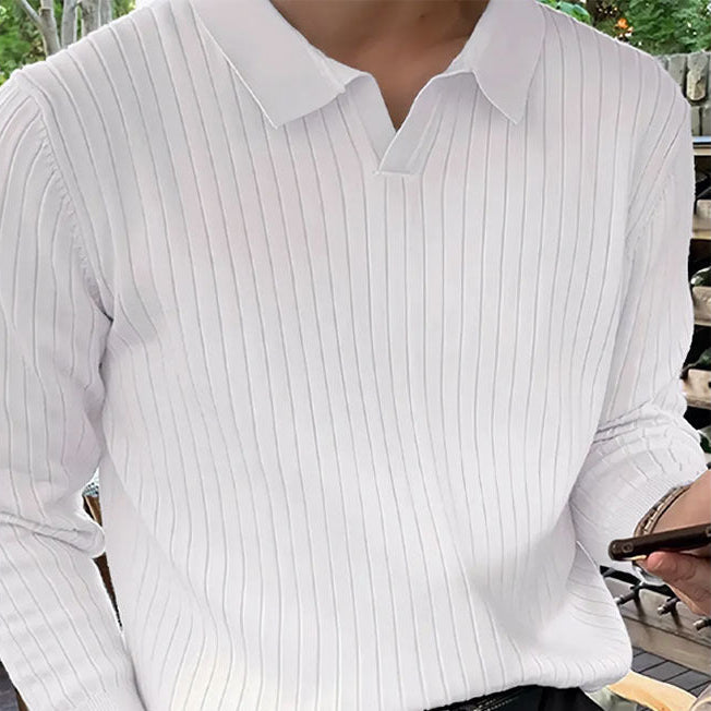 Ribbet poloshirt til mænd med reverskrave og lange ærmer