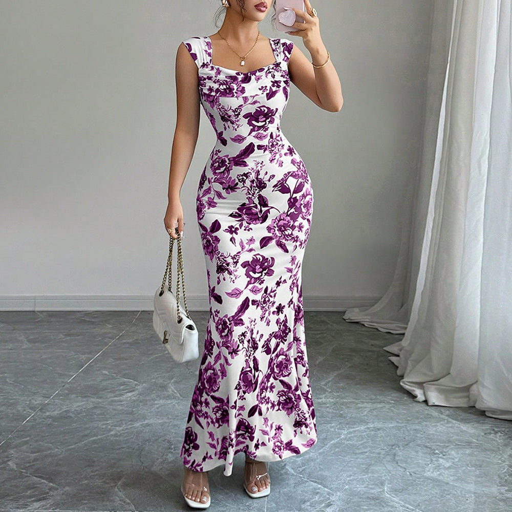 Abito Midi Donna con Scollo Quadrato, Nodo Frontale e Vita Alta – Abito Floreale Elegante