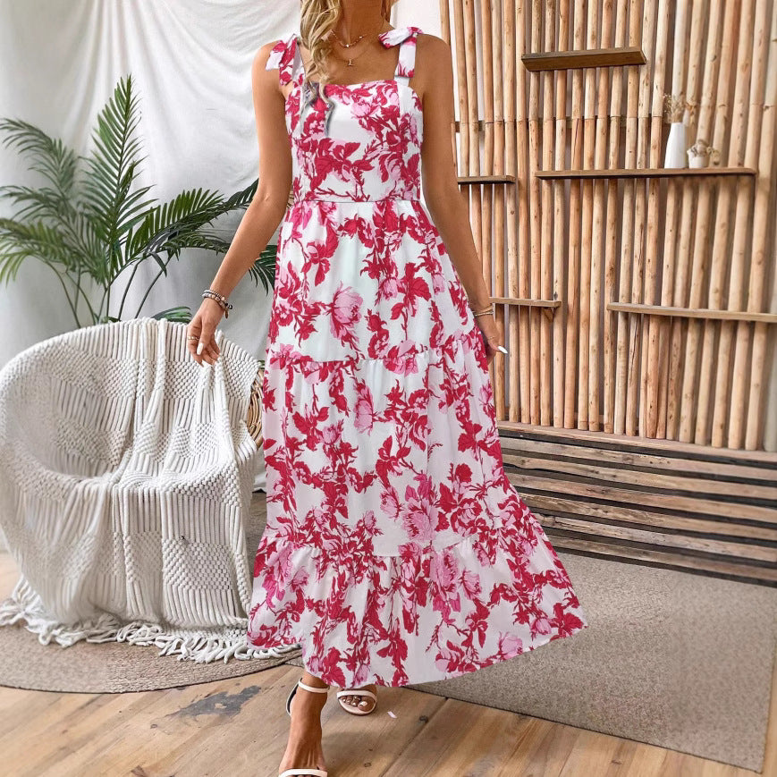 Abito Midi Estivo Donna Stampato con Spalline Sottili e Dettaglio in Pizzo – Abito Casual Elegante
