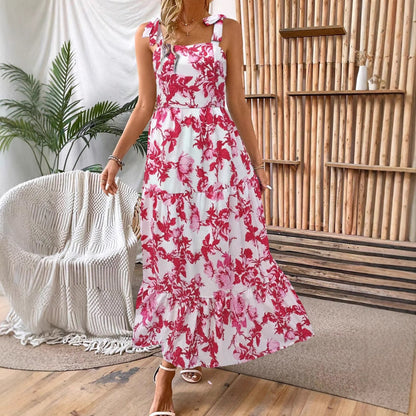 Abito Midi Estivo Donna Stampato con Spalline Sottili e Dettaglio in Pizzo – Abito Casual Elegante