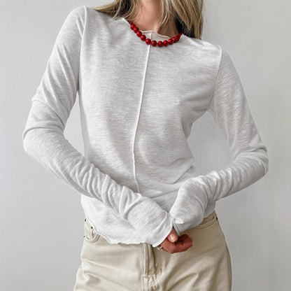 Women's Long Sleeve T-Shirt with Round Neck and Pleated Detail