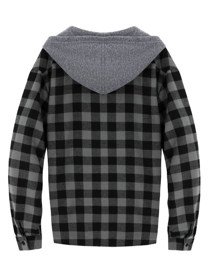 Men's Autumn Flannel Shirt-Jacket with Hood and Checkered Pattern