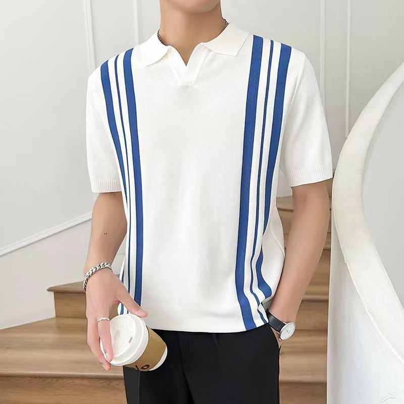 T-shirt Uomo Estiva a Righe Multicolore con Colletto a Revers – Vestibilità Aderente
