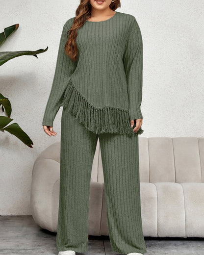 Women's Curvy Two-Piece Set with Fringed Top and Wide-Leg Pants – Casual Outfit