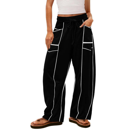 Women's Wide-Leg Pants with Drawstring and Stripe Pattern