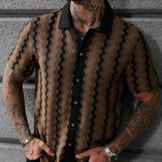 Herre kortærmet sommercardigan med ternet mønster og patchwork-detaljer – streetwear slim fit stil