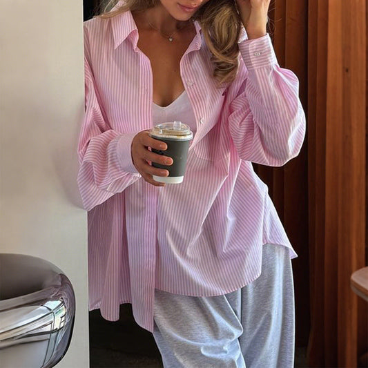 Camicia da Donna a Manica Lunga con Bottoni, Motivo a Righe e Vestibilità Ampia