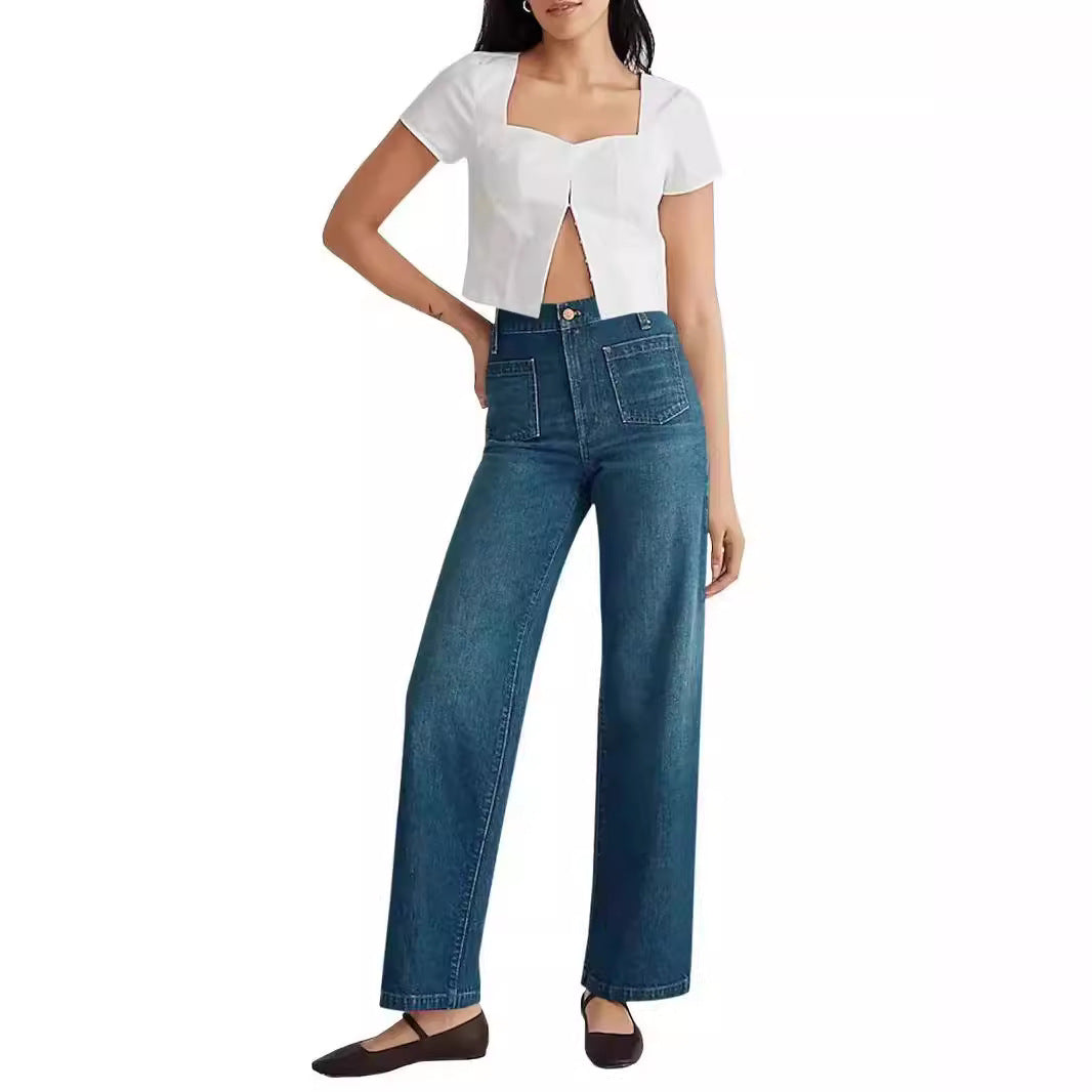 Women's High-Waisted Wide-Leg Jeans with Ripped Design and Square Pockets