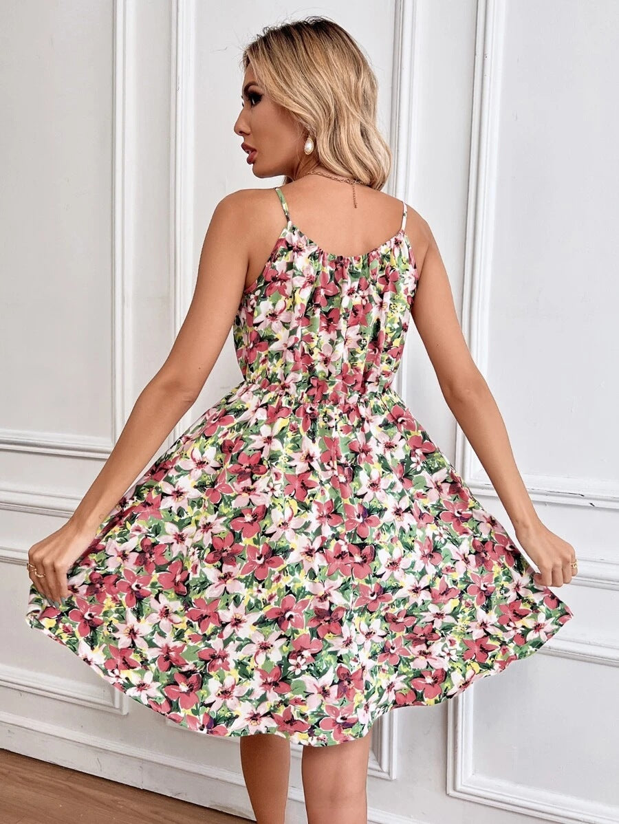 Sommerkjole til kvinder med blomsterprint, tynde stropper og elastisk talje