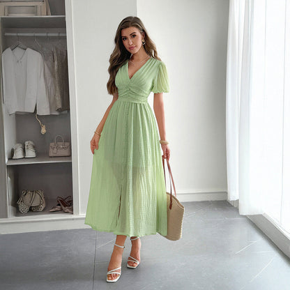 Women's Long Summer Dress with Deep V-Neck and Pleated Detail – Elegant Maxi Summer Dress