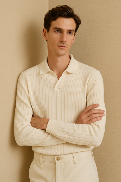 Men's Long Sleeve Polo with Open Collar and Cream Ribbed Texture
