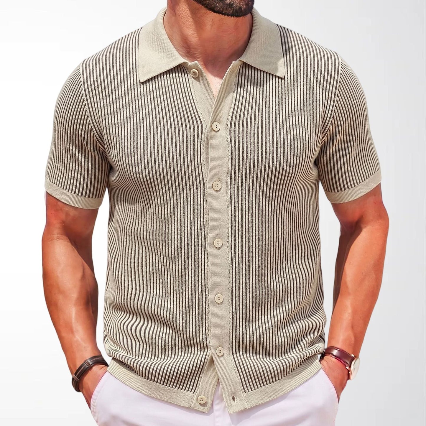 Polo Uomo in Maglia a Maniche Corte con Righe Verticali – Vestibilità Aderente